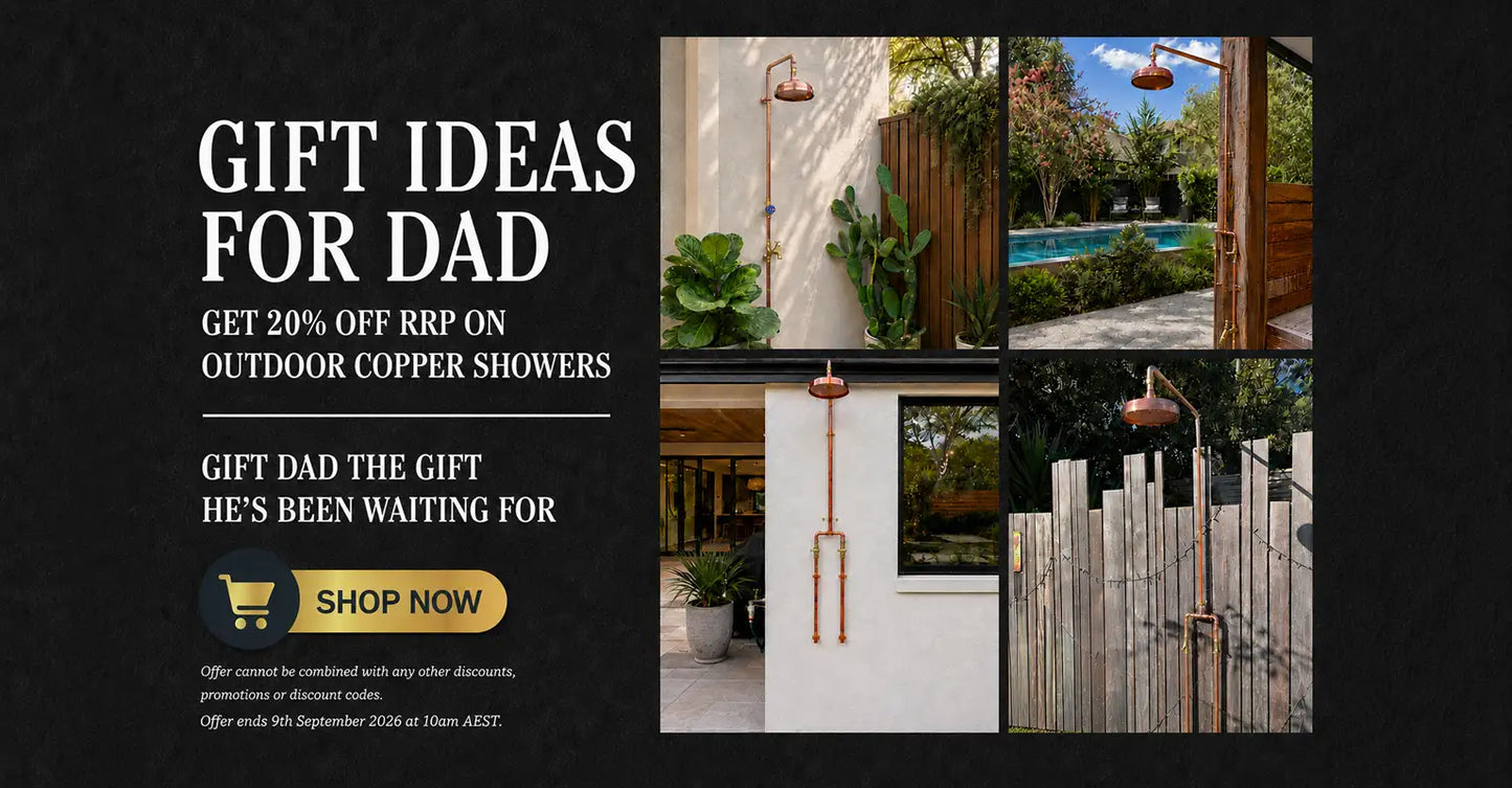 Promotional banner for outdoor copper shower gifts, featuring a dark textured background with the text 'GIFT IDEAS FOR DAD' and a 'SHOP NOW' button, alongside four lifestyle photos of copper shower fixtures installed in modern outdoor settings.